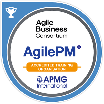 Logo of Agile Business Consortium AgilePM with APMG International accreditation on a white background