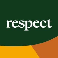 The word 'respect' in white text on a green and orange background